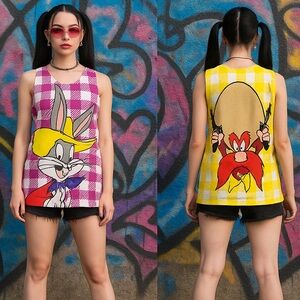 LOONEY TUNES Vintage 90s Checkered Tank Top T-Shirt Bugs Bunny Yosemite Sam M